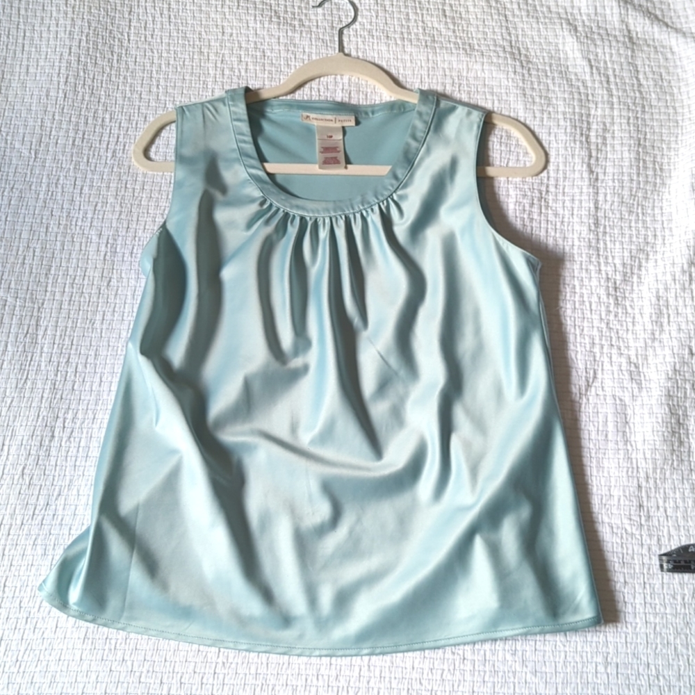Tiffany Blue Sleeveless Blouse with Collar Ruching Detail in 10 Petite